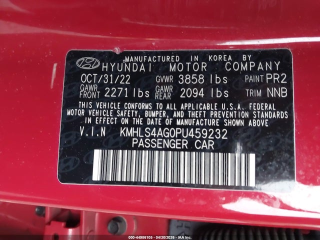 Aukcja sprzedaży 2023 Hyundai Elantra Sel, vin: KMHLS4AG0PU459232, numer aukcji: 44986105