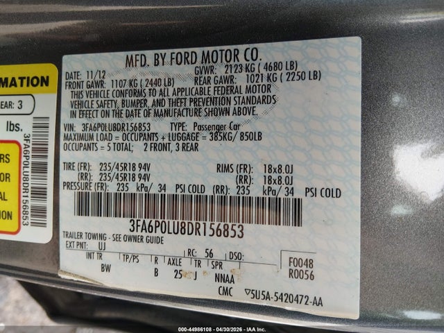 Aukcja sprzedaży 2013 Ford Fusion Hybrid Se, vin: 3FA6P0LU8DR156853, numer aukcji: 44986108