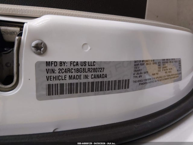 Продажа на аукционе авто 2020 Chrysler Pacifica Touring L, vin: 2C4RC1BG8LR280727, номер лота: 44986129