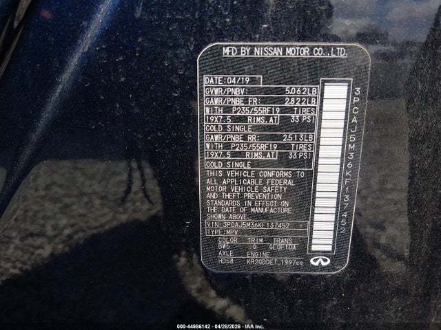 Aukcja sprzedaży 2019 Infiniti Qx50 Luxe, vin: 3PCAJ5M36KF137452, numer aukcji: 44986142