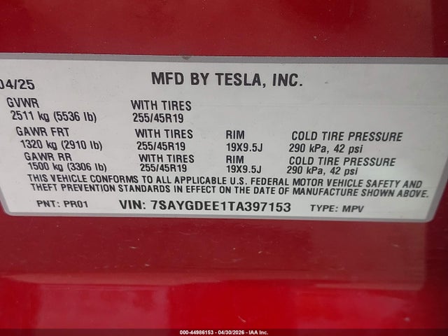 Aukcja sprzedaży 2026 Tesla Model Y All-wheel Drive/long Range Launch Series/premium All-wheel Drive, vin: 7SAYGDEE1TA397153, numer aukcji: 44986153