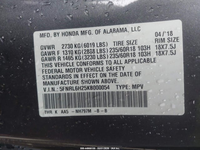 Aukcja sprzedaży 2019 Honda Odyssey Lx, vin: 5FNRL6H25KB000054, numer aukcji: 44986159