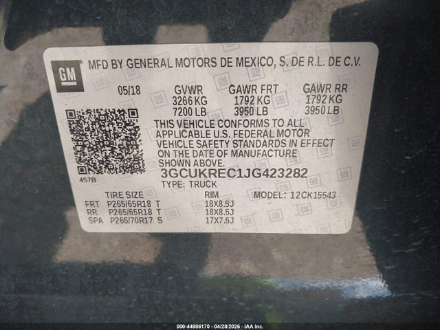 Aukcja sprzedaży 2018 Chevrolet Silverado 1500 2lt, vin: 3GCUKREC1JG423282, numer aukcji: 44986170