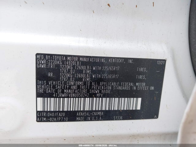 44986174 :رقم المزاد ، 4T3RWRFV8NU050242 vin ، 2022 Toyota Rav4 Hybrid Xle مزاد بيع