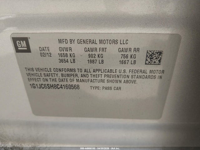 Aukcja sprzedaży 2012 Chevrolet Sonic 2lt, vin: 1G1JC6SH8C4160568, numer aukcji: 44986185