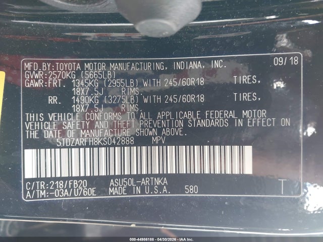 Aukcja sprzedaży 2019 Toyota Highlander Le, vin: 5TDZARFH8KS042888, numer aukcji: 44986188