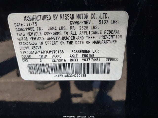 44986192 :رقم المزاد ، JN1BY1AR3GM270138 vin ، 2016 Infiniti Q70 3.7x مزاد بيع