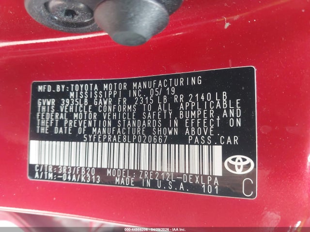 44986206 :رقم المزاد ، 5YFEPRAE8LP020667 vin ، 2020 Toyota Corolla Le مزاد بيع