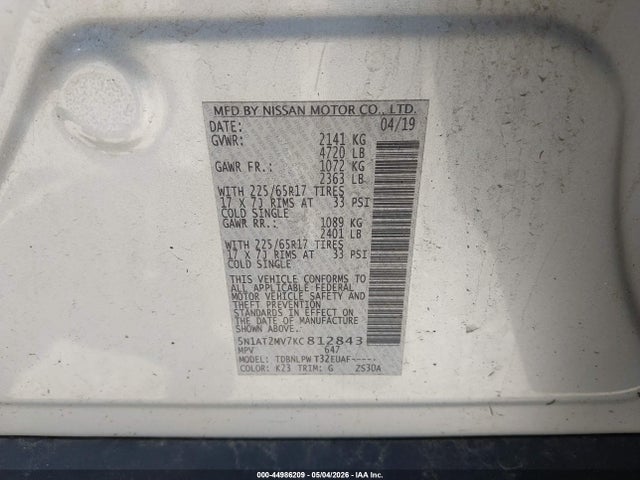 44986209 :رقم المزاد ، 5N1AT2MV7KC812843 vin ، 2019 Nissan Rogue S مزاد بيع