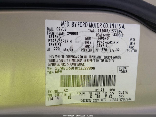 44986226 :رقم المزاد ، 5LMEU68H03ZJ29808 vin ، 2003 Lincoln Aviator مزاد بيع
