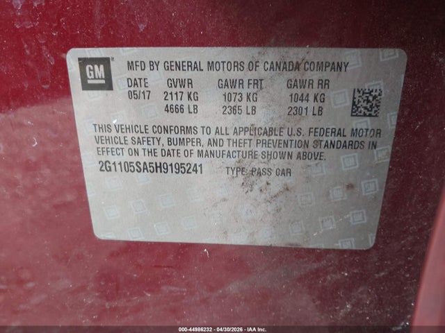 44986232 :رقم المزاد ، 2G1105SA5H9195241 vin ، 2017 Chevrolet Impala 1lt مزاد بيع