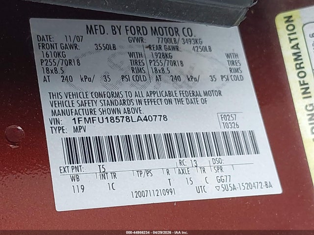 Продажа на аукционе авто 2008 Ford Expedition Eddie Bauer/king Ranch, vin: 1FMFU18578LA40778, номер лота: 44986234