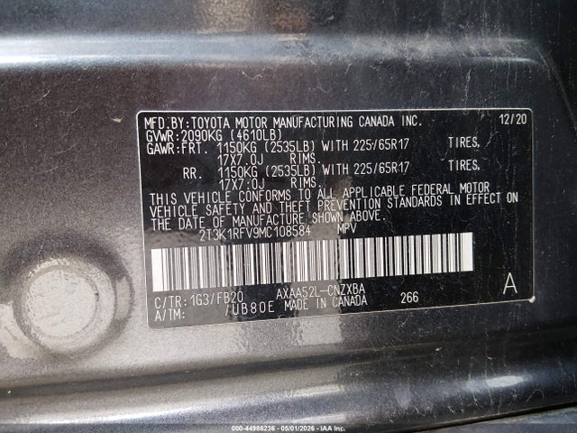 2021 Toyota Rav4 Le მანქანა იყიდება აუქციონზე, vin: 2T3K1RFV9MC108584, აუქციონის ნომერი: 44986236