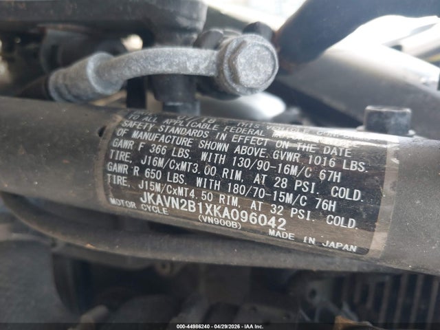 44986240 :رقم المزاد ، JKAVN2B1XKA096042 vin ، 2019 Kawasaki Vn900 B مزاد بيع