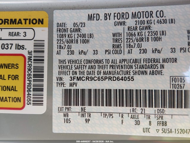44986257 :رقم المزاد ، 3FMCR9C65PRD64055 vin ، 2023 Ford Bronco Sport Outer Banks مزاد بيع