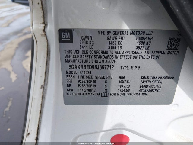 44986259 :رقم المزاد ، 5GAKRBED9BJ367712 vin ، 2011 Buick Enclave 1xl مزاد بيع