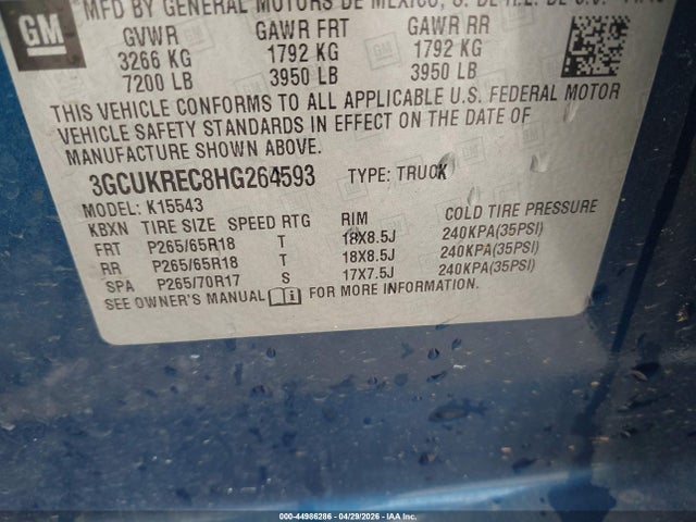 Aukcja sprzedaży 2017 Chevrolet Silverado 1500 2lt, vin: 3GCUKREC8HG264593, numer aukcji: 44986286