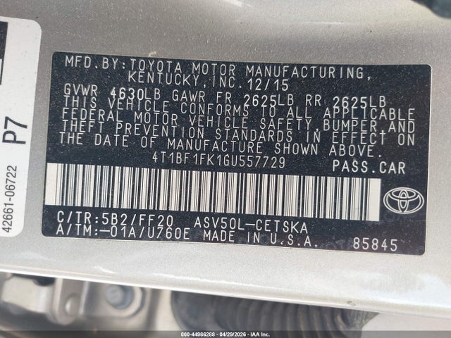 2016 Toyota Camry Se მანქანა იყიდება აუქციონზე, vin: 4T1BF1FK1GU557729, აუქციონის ნომერი: 44986288