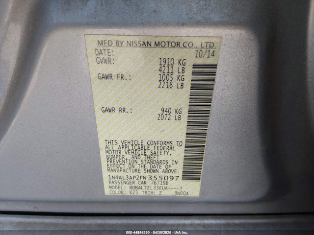 Aukcja sprzedaży 2015 Nissan Altima 2.5 Sl, vin: 1N4AL3AP2FN355097, numer aukcji: 44986290