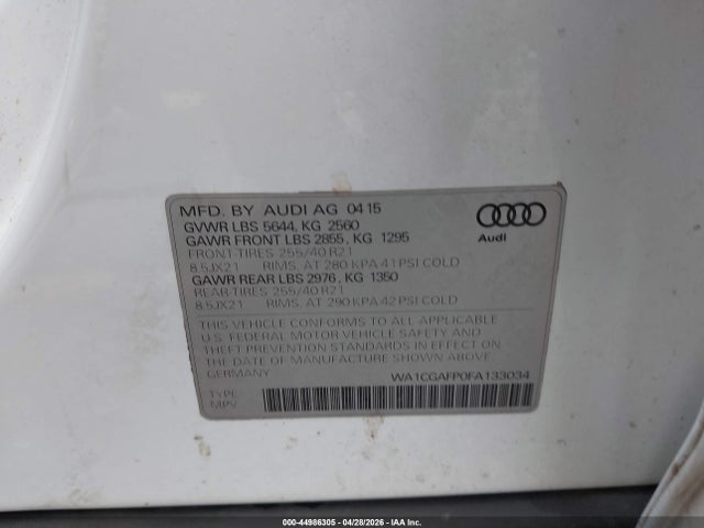 44986305 :رقم المزاد ، WA1CGAFP0FA133034 vin ، 2015 Audi Sq5 3.0t Premium Plus مزاد بيع