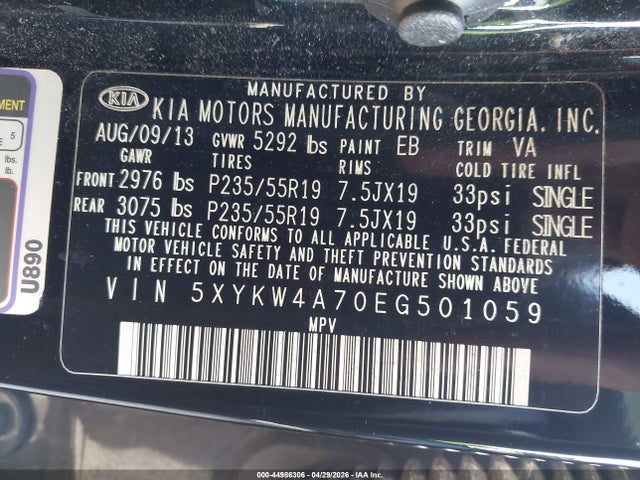 44986306 :رقم المزاد ، 5XYKW4A70EG501059 vin ، 2014 Kia Sorento Limited V6 مزاد بيع