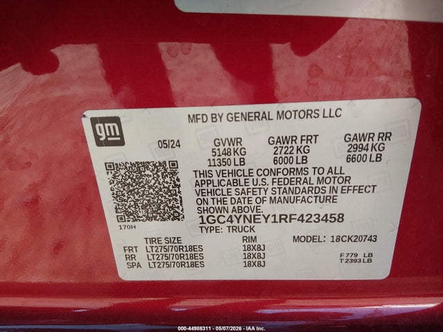 44986311 :رقم المزاد ، 1GC4YNEY1RF423458 vin ، 2024 Chevrolet Silverado 2500hd 4wd  Standard Bed Lt مزاد بيع