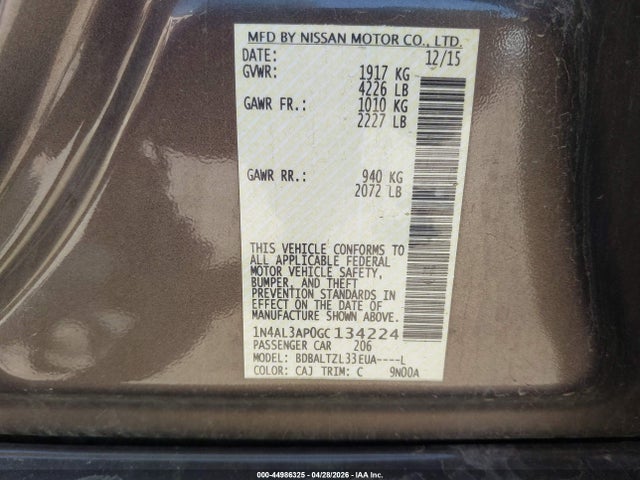 44986325 :رقم المزاد ، 1N4AL3AP0GC134224 vin ، 2016 Nissan Altima 2.5 Sl مزاد بيع