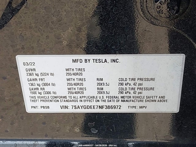 44986327 :رقم المزاد ، 7SAYGDEE7NF386972 vin ، 2022 Tesla Model Y Long Range Dual Motor All-wheel Drive مزاد بيع