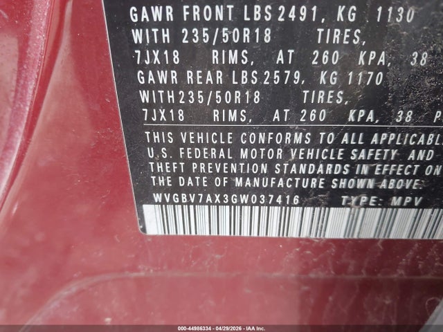 44986334 :رقم المزاد ، WVGBV7AX3GW037416 vin ، 2016 Volkswagen Tiguan Se مزاد بيع