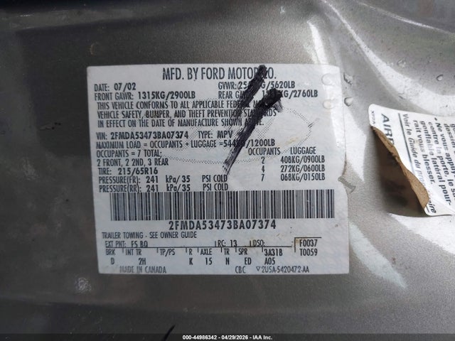 2003 Ford Windstar Sel მანქანა იყიდება აუქციონზე, vin: 2FMDA53473BA07374, აუქციონის ნომერი: 44986342