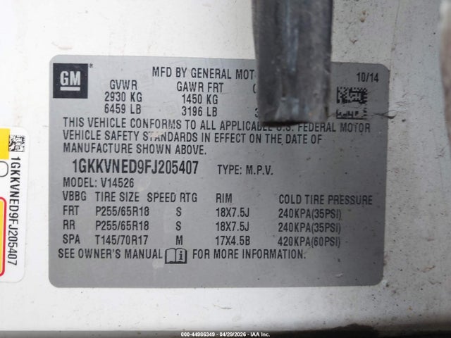 Продаж на аукціоні авто 2015 Gmc Acadia Sle-1, vin: 1GKKVNED9FJ205407, номер лоту: 44986349