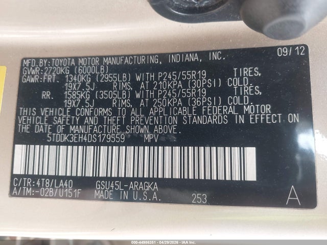Aukcja sprzedaży 2013 Toyota Highlander Limited V6, vin: 5TDDK3EH4DS179559, numer aukcji: 44986351