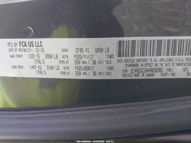 44986363 :رقم المزاد ، 2C4RDGCG4HR656961 vin ، 2017 Dodge Grand Caravan Sxt مزاد بيع