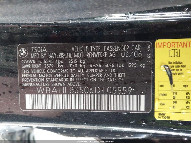 Aukcja sprzedaży 2006 Bmw 750i, vin: WBAHL83506DT05559, numer aukcji: 44986374