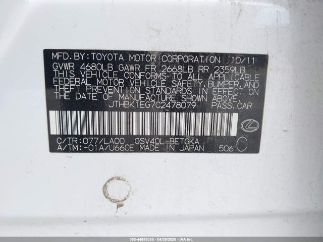 44986388 :رقم المزاد ، JTHBK1EG7C2478079 vin ، 2012 Lexus Es 350 مزاد بيع