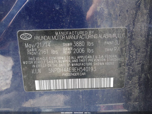 2014 Hyundai Elantra Se მანქანა იყიდება აუქციონზე, vin: 5NPDH4AE9EH540193, აუქციონის ნომერი: 44986389
