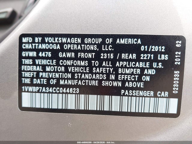 Aukcja sprzedaży 2012 Volkswagen Passat 2.5l Se, vin: 1VWBP7A34CC044623, numer aukcji: 44986399