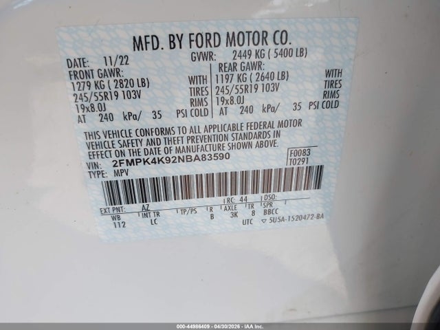 2022 Ford Edge Titanium მანქანა იყიდება აუქციონზე, vin: 2FMPK4K92NBA83590, აუქციონის ნომერი: 44986409