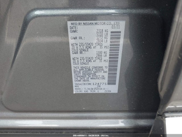 2021 Nissan Murano Sv Fwd მანქანა იყიდება აუქციონზე, vin: 5N1AZ2BJ3MC124775, აუქციონის ნომერი: 44986411