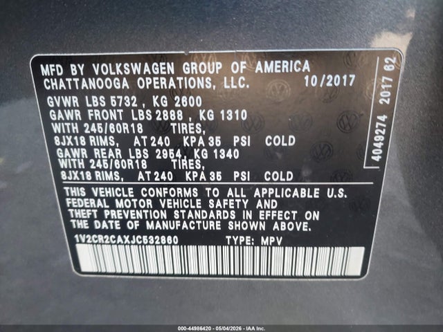Aukcja sprzedaży 2018 Volkswagen Atlas 3.6l V6 Se, vin: 1V2CR2CAXJC532860, numer aukcji: 44986420