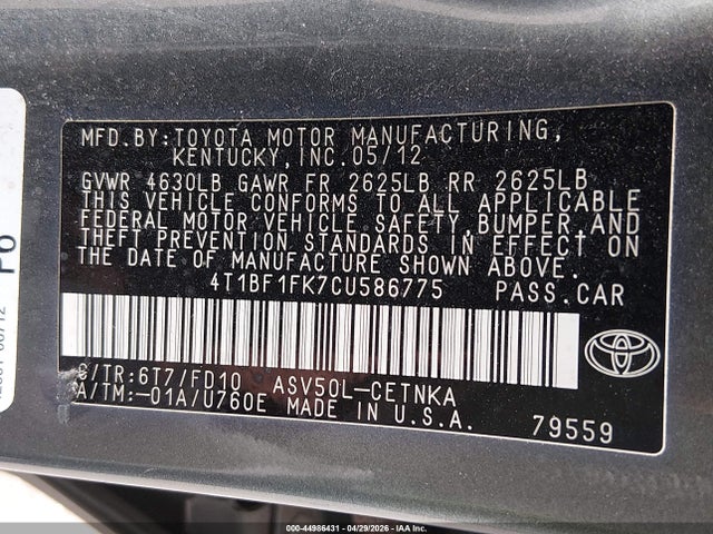 Продажа на аукционе авто 2012 Toyota Camry Le, vin: 4T1BF1FK7CU586775, номер лота: 44986431