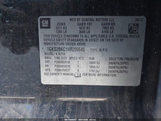 Продажа на аукционе авто 2017 Gmc Yukon Slt, vin: 1GKS2BKC1HR299645, номер лота: 44986437