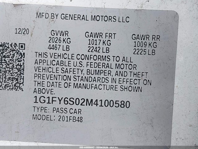 44986443 :رقم المزاد ، 1G1FY6S02M4100580 vin ، 2021 Chevrolet Bolt Ev Fwd Lt مزاد بيع