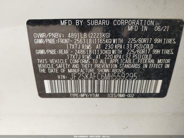 Aukcja sprzedaży 2021 Subaru Forester Premium, vin: JF2SKAFC6MH559295, numer aukcji: 44986446