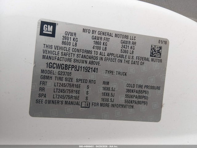 Продажа на аукционе авто 2018 Chevrolet Express 2500 Work Van, vin: 1GCWGBFP8J1192141, номер лота: 44986451