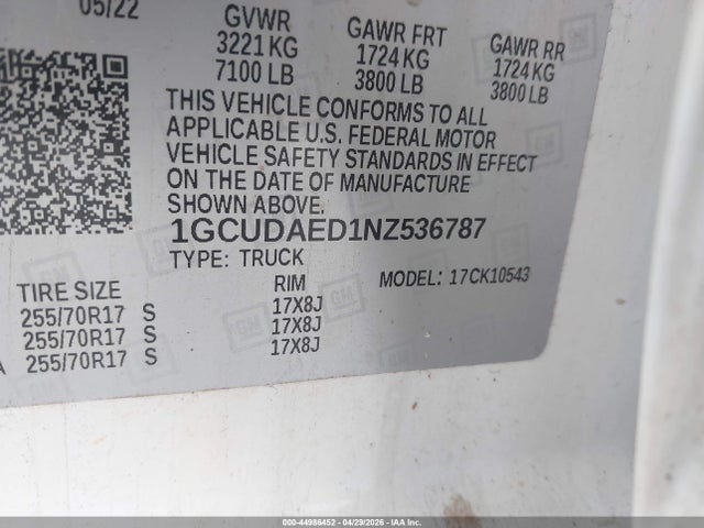 Aukcja sprzedaży 2022 Chevrolet Silverado 1500 4wd  Short Bed Wt, vin: 1GCUDAED1NZ536787, numer aukcji: 44986452