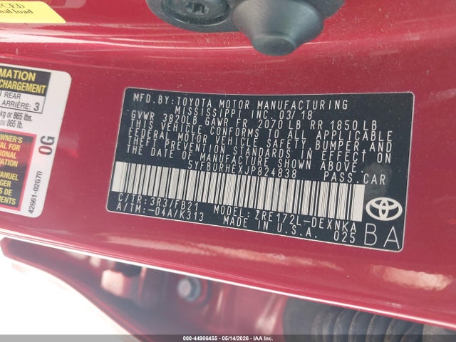 2018 Toyota Corolla Le მანქანა იყიდება აუქციონზე, vin: 5YFBURHEXJP824838, აუქციონის ნომერი: 44986455