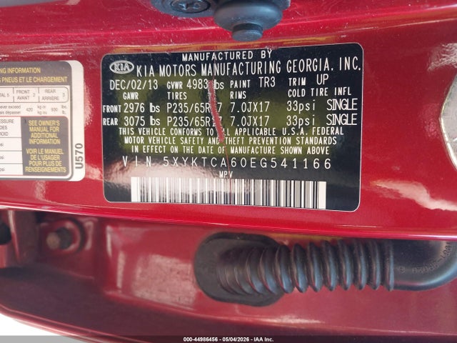 Продажа на аукционе авто 2014 Kia Sorento Lx, vin: 5XYKTCA60EG541166, номер лота: 44986456