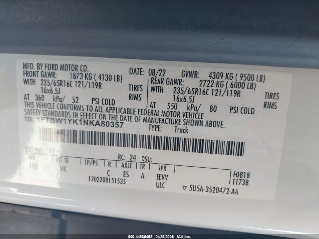 2022 Ford E-transit-350 მანქანა იყიდება აუქციონზე, vin: 1FTBW1YK1NKA80357, აუქციონის ნომერი: 44986462