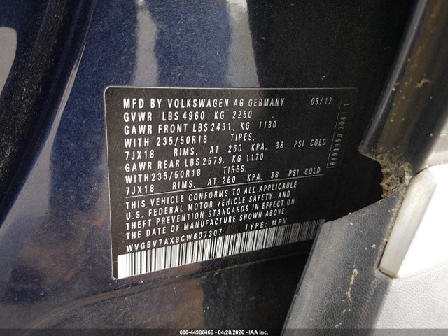 44986466 :رقم المزاد ، WVGBV7AX8CW607307 vin ، 2012 Volkswagen Tiguan Se مزاد بيع